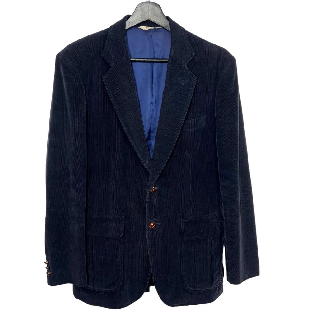 Vintage 90s Dark Blue Corduroy Double Button Elbow Patch Sport Coat Size 36